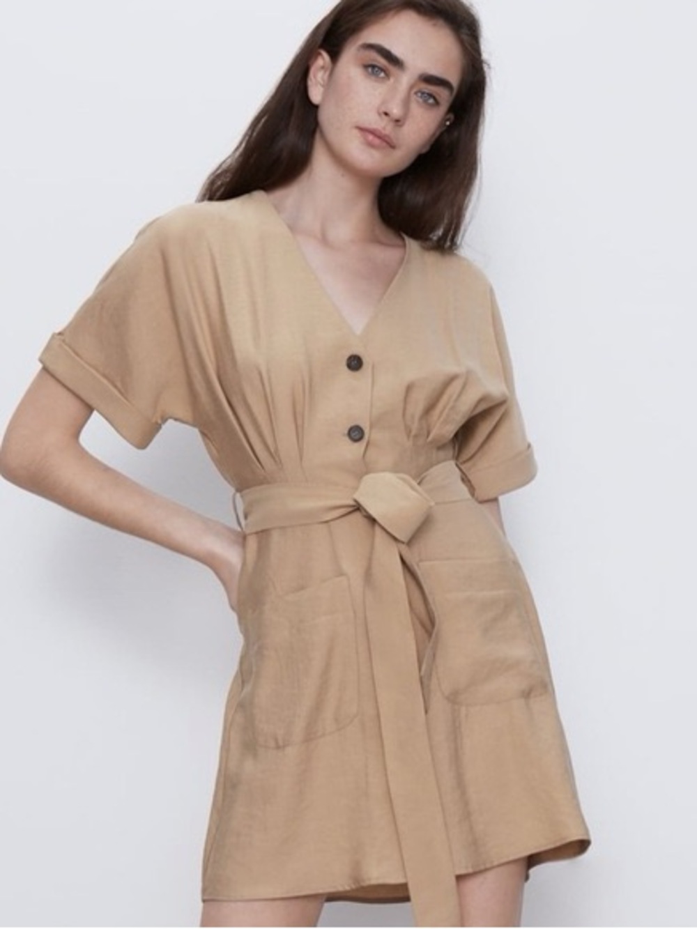 Zara Short Tie-Waist V-Neck Dress in Beige